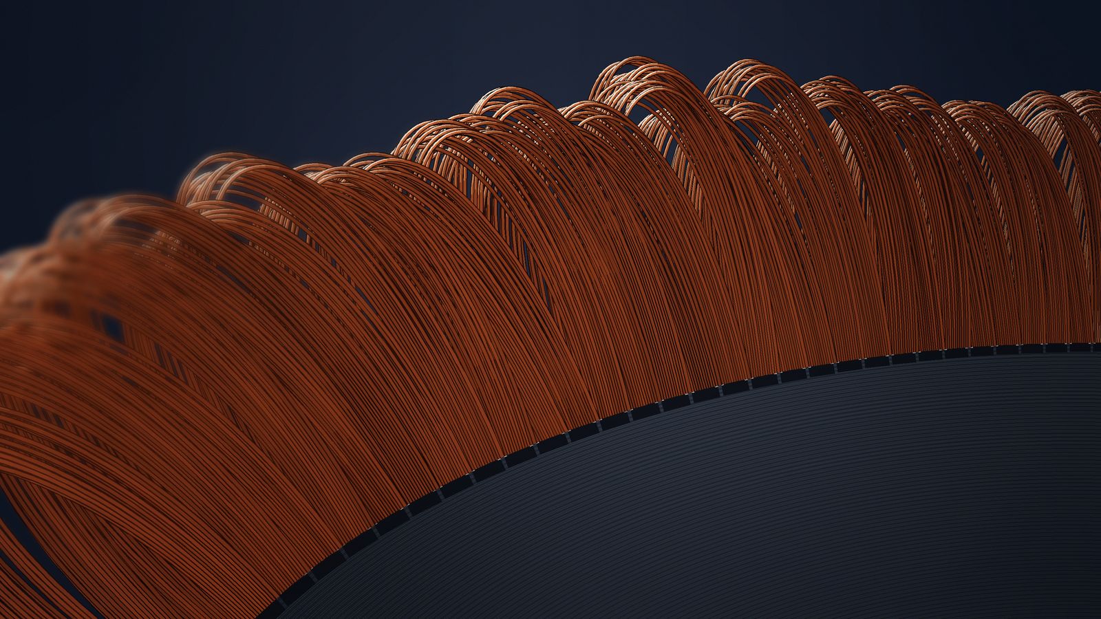 Illustration of copper winding end-turns rising from a laminated stator core
